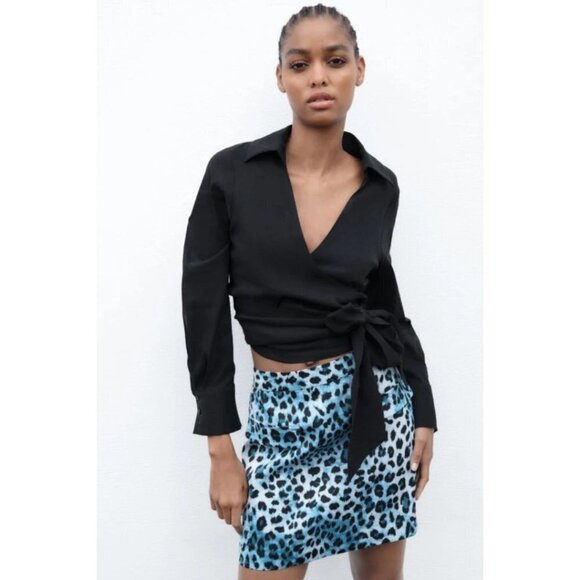 NWOT Zara blue & black satin-effect leopard animal print mini skirt, S - Picture 1 of 14